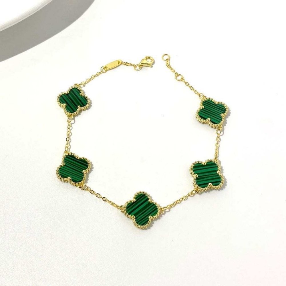 Malachite 18k YG plated Silver Clover bracelet